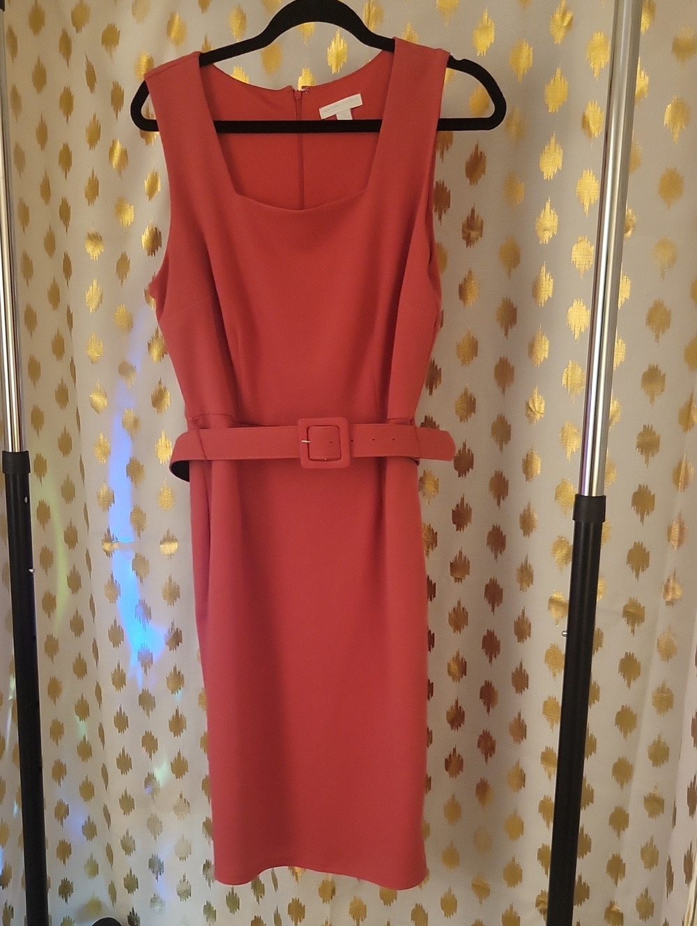 New York & Company Coral-Pink Belted Midi Dress
